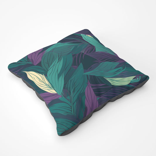 Green Purple Tropical Leaves Floor Cushion