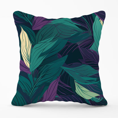 Green Purple Tropical Leaves Outdoor Cushion