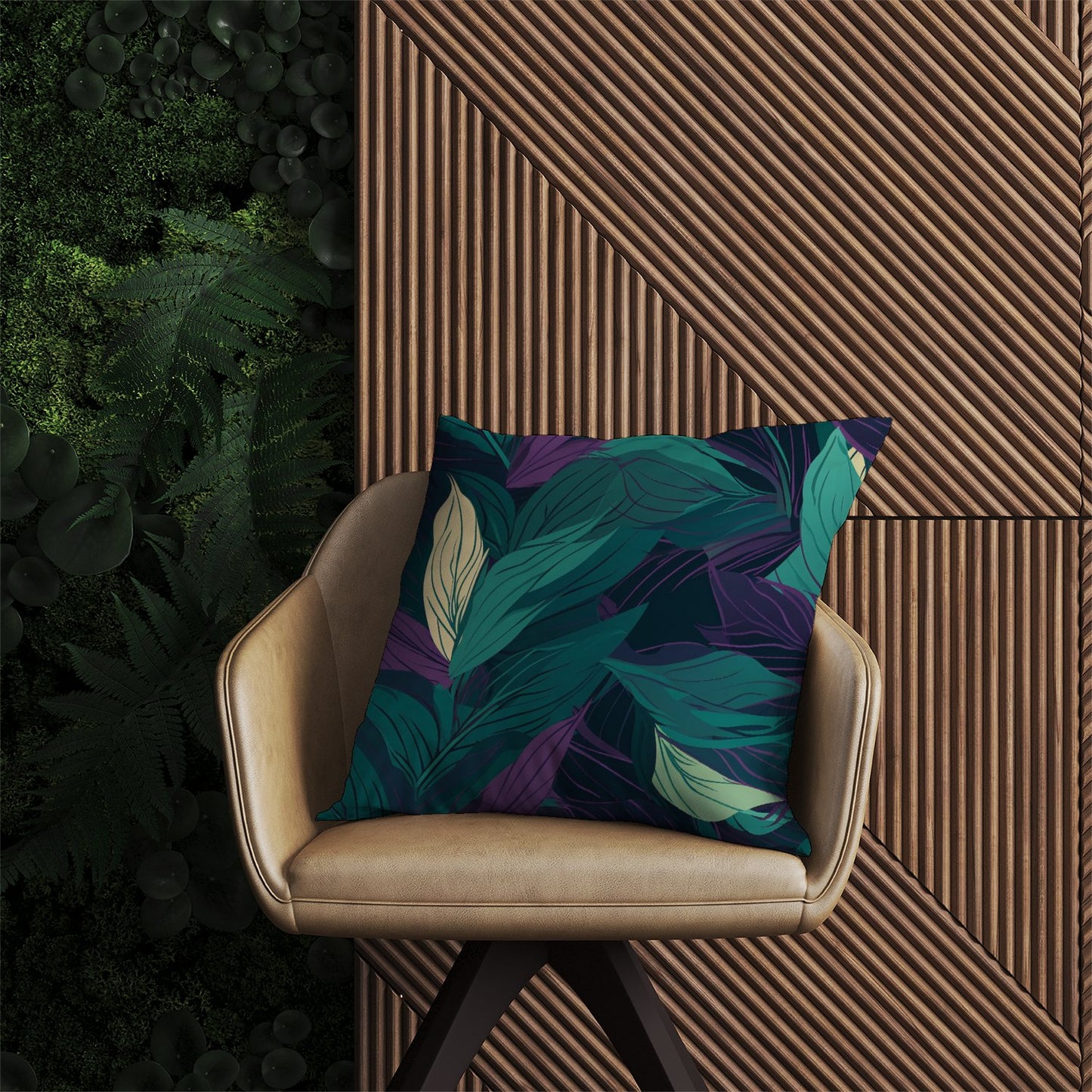 Green Purple Tropical Leaves Outdoor Cushion