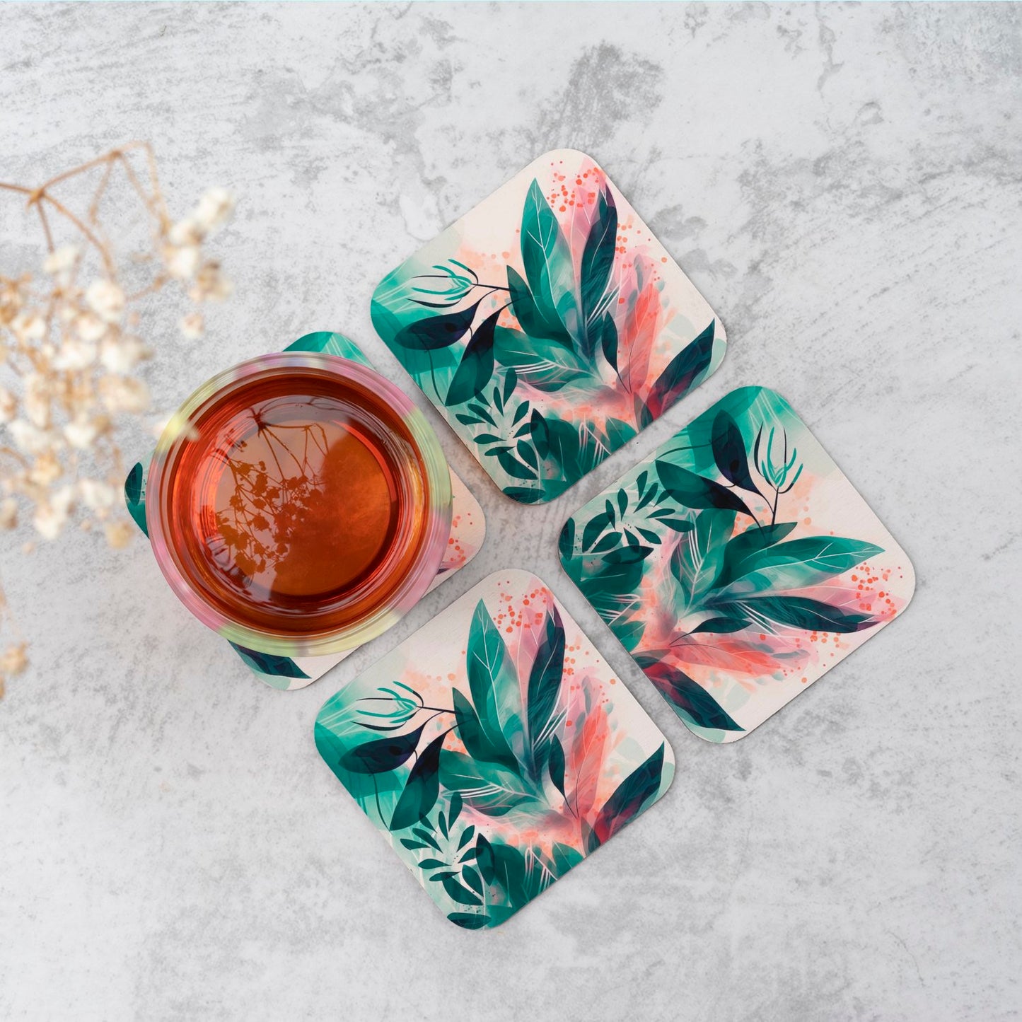 Green Feather leaves Tropical Coasters