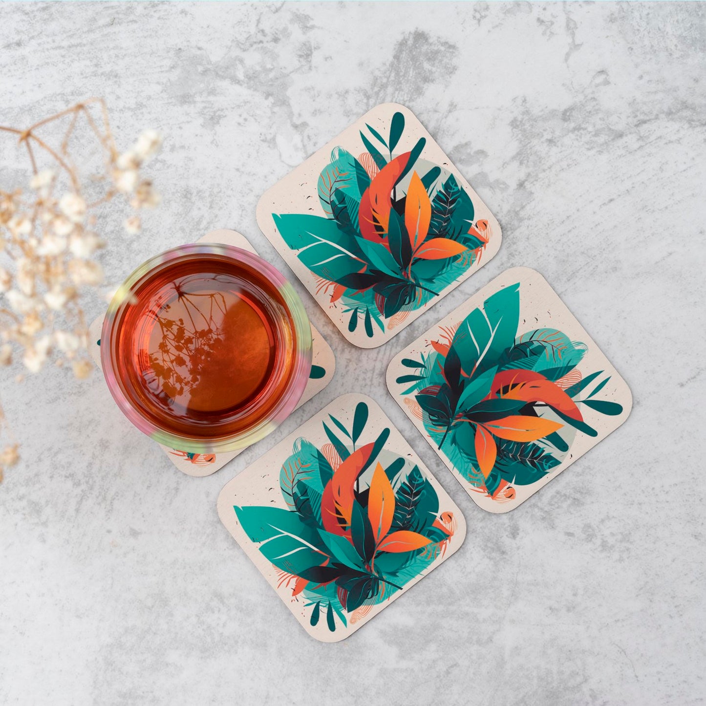 Green Orange Tropical Leaves Coasters