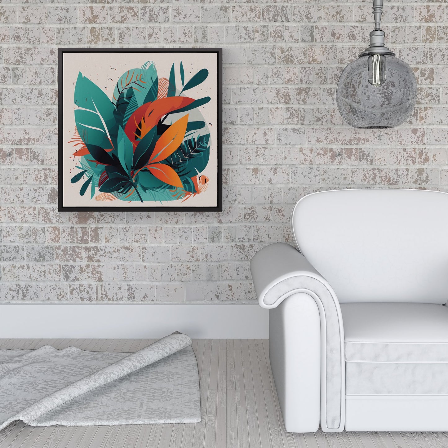 Green Orange Tropical Leaves Framed Canvas