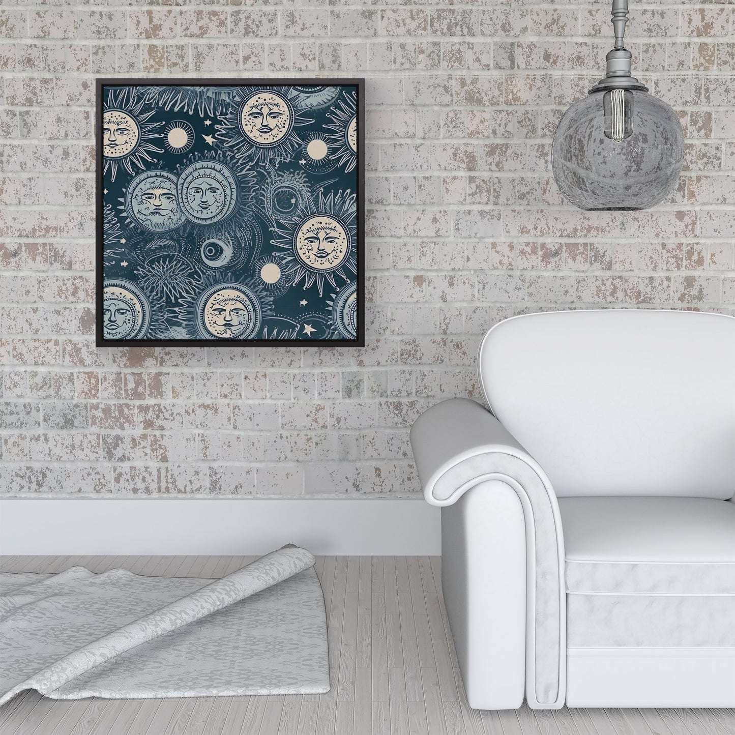 Silver Blue Moon and Stars Framed Canvas