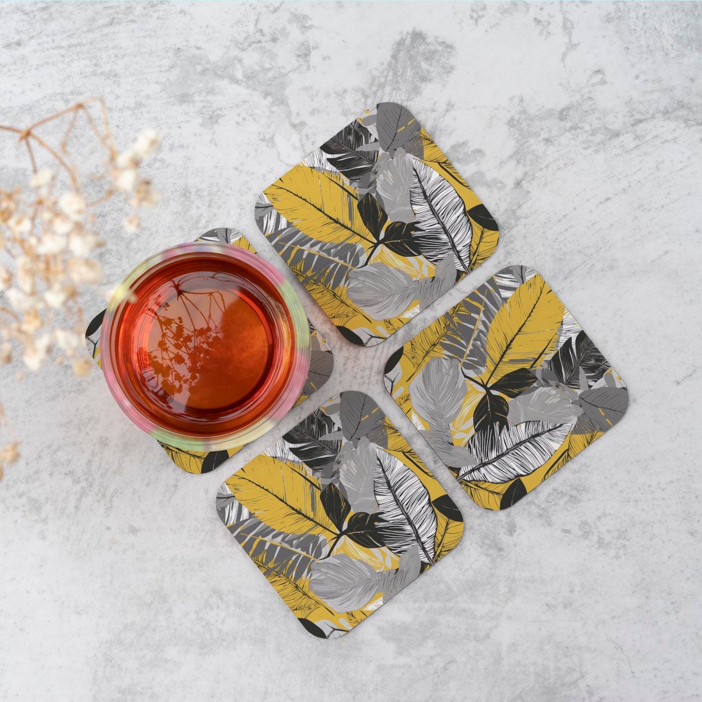 Grey Yellow Floral Leaves Coasters