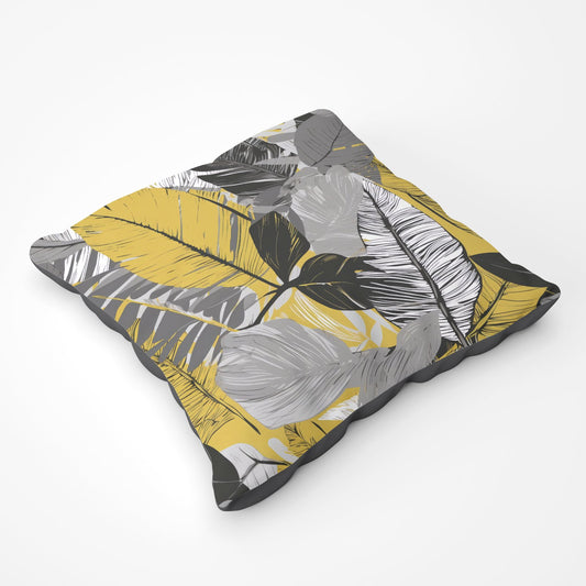 Grey Yellow Floral Leaves Floor Cushion