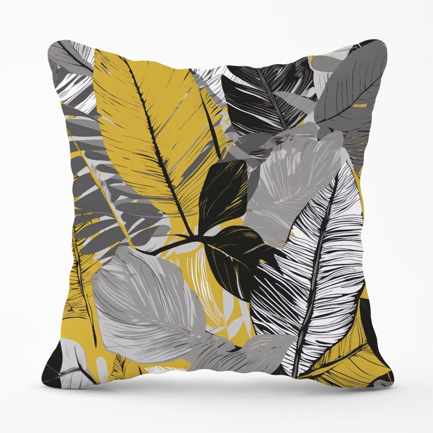 Grey Yellow Floral Leaves Outdoor Cushion