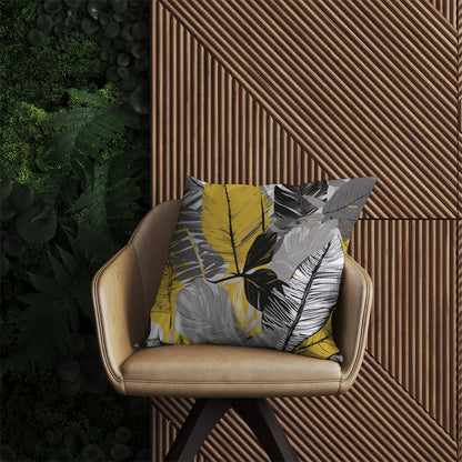 Grey Yellow Floral Leaves Outdoor Cushion