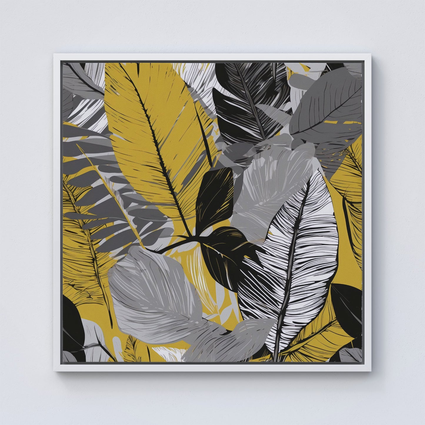 Grey Yellow Floral Leaves Framed Canvas