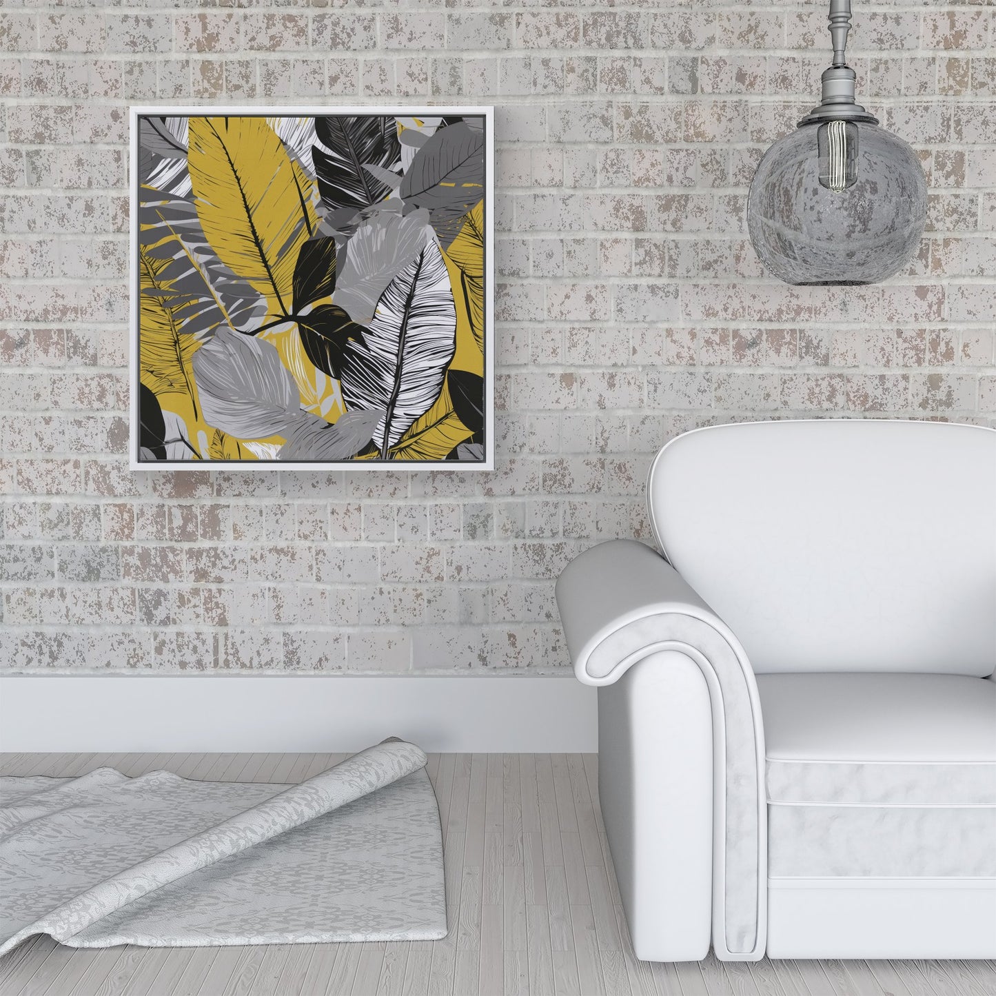 Grey Yellow Floral Leaves Framed Canvas