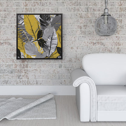 Grey Yellow Floral Leaves Framed Canvas