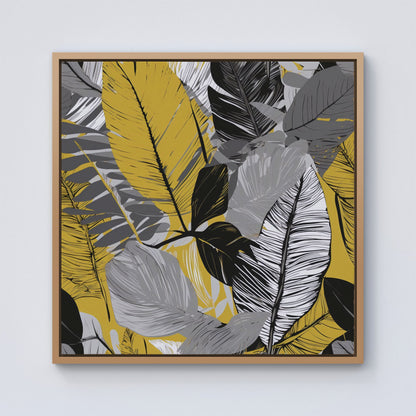 Grey Yellow Floral Leaves Framed Canvas