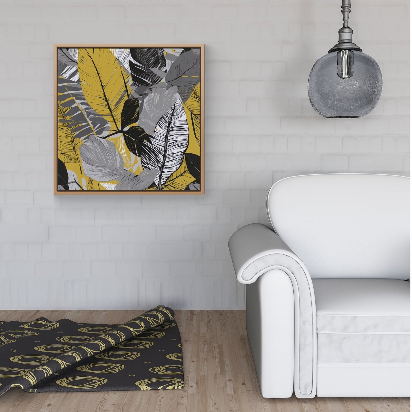 Grey Yellow Floral Leaves Framed Canvas