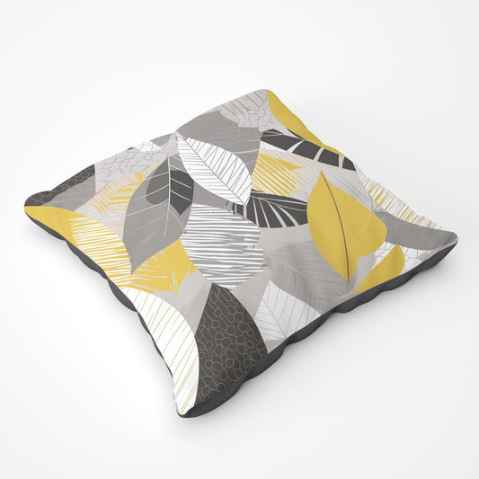 Grey Yellow Autumn Leaves Floor Cushion