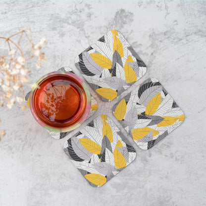 Yellow Grey Feather Leaves Coasters