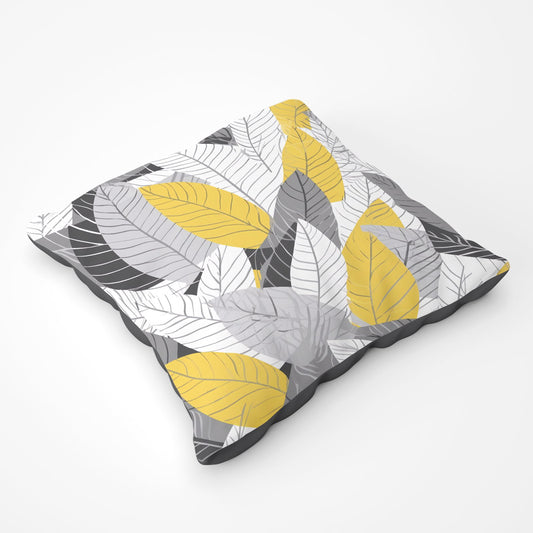 Yellow Grey Feather Leaves Floor Cushion