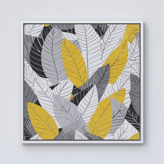 Yellow Grey Feather Leaves Framed Canvas