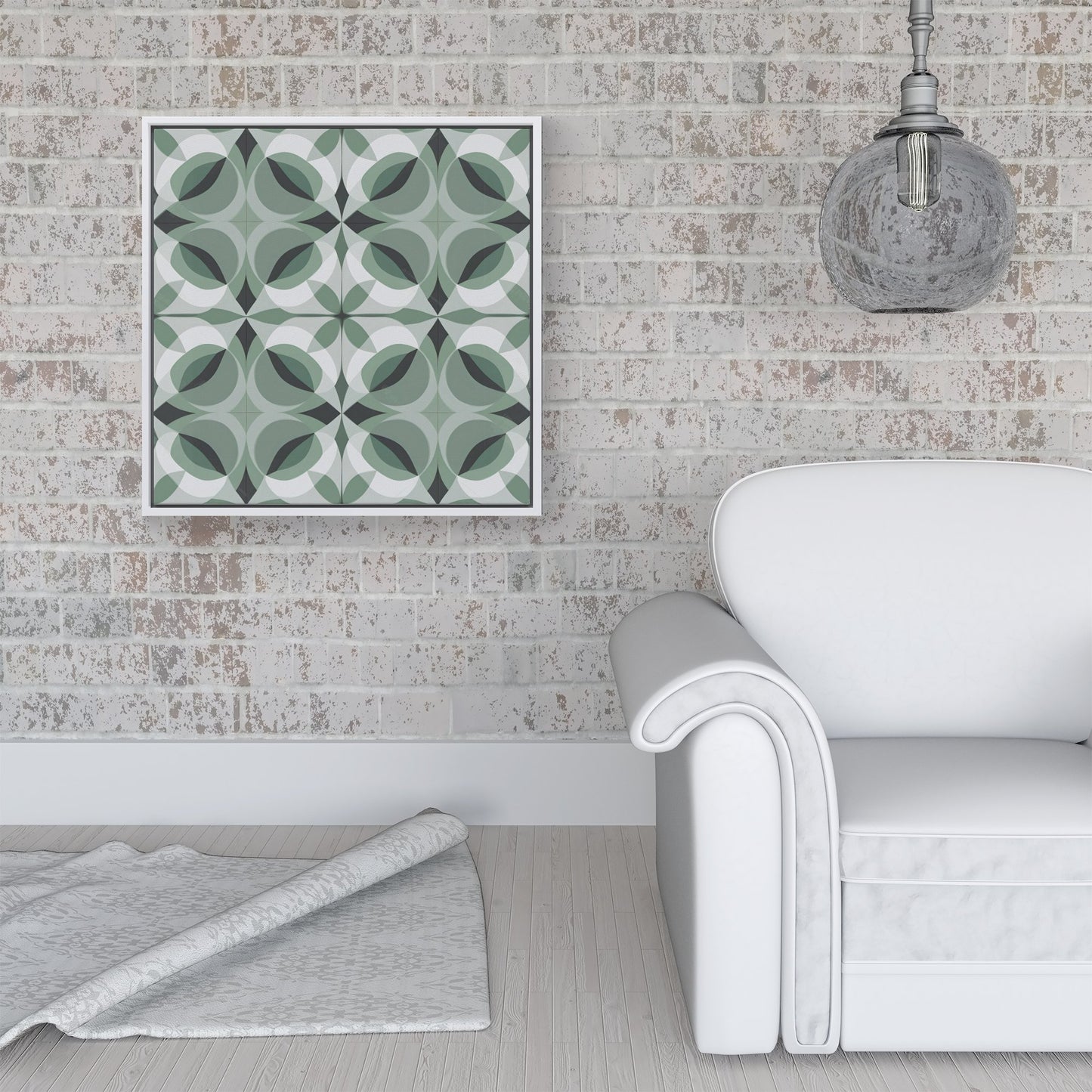 Geometric Green Grey Framed Canvas