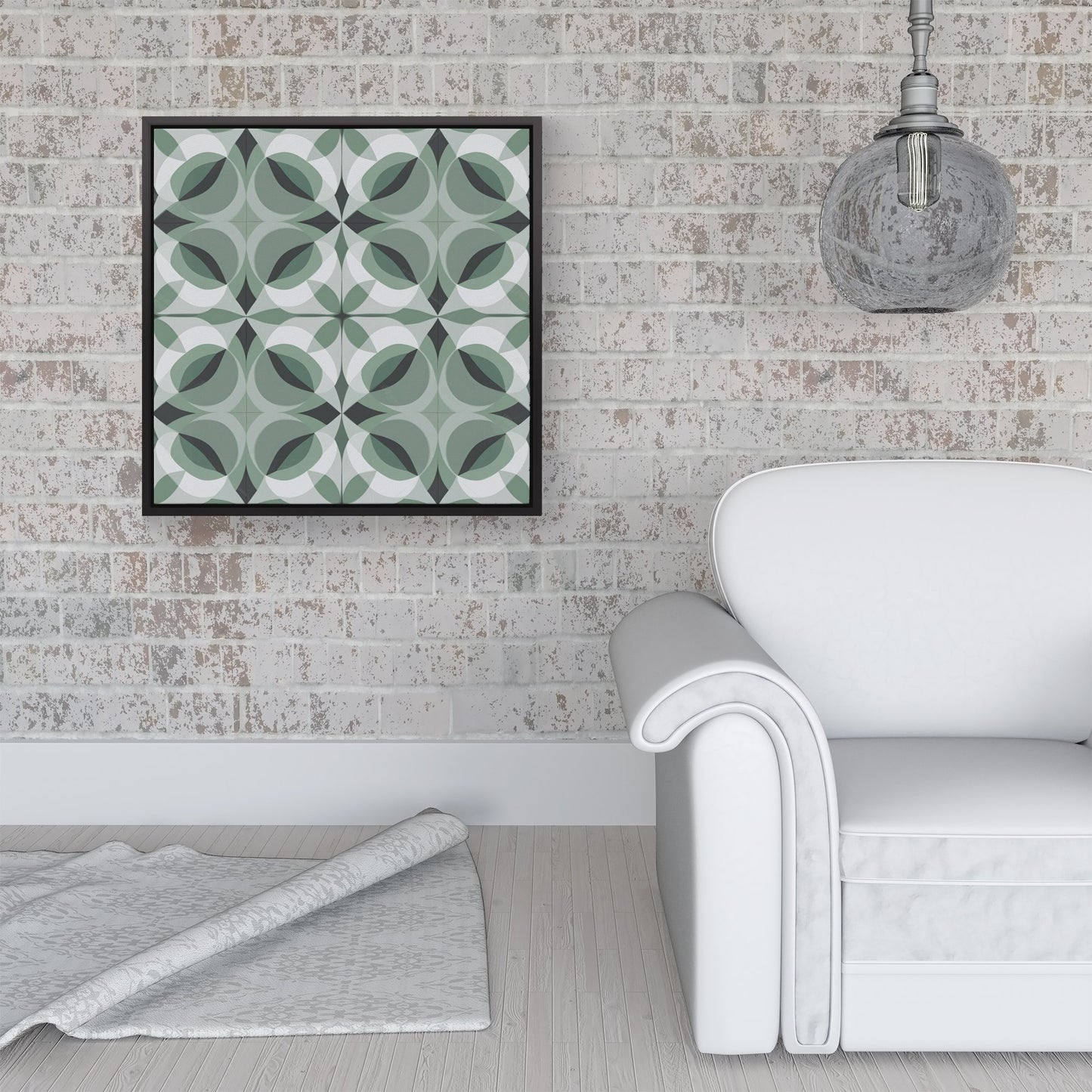 Geometric Green Grey Framed Canvas