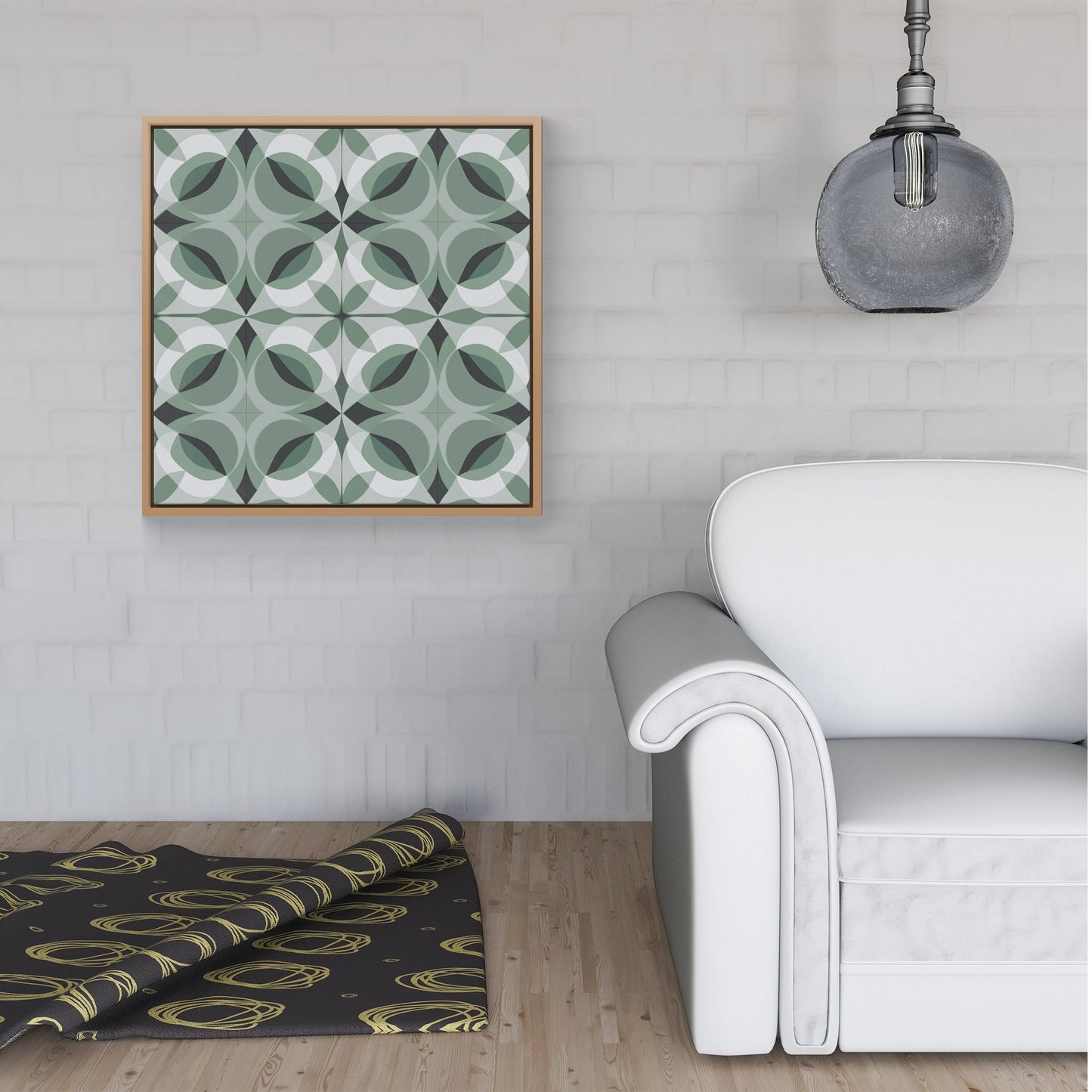 Geometric Green Grey Framed Canvas