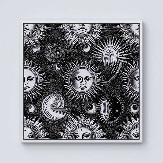 Moon and Sun Black White Framed Canvas