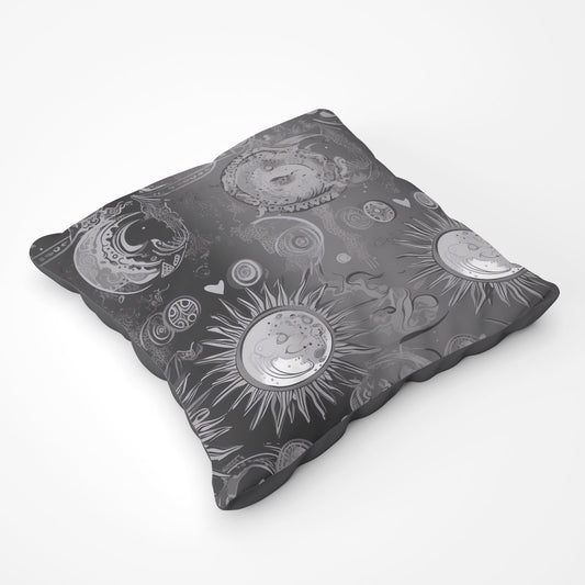 Black Grey Abstract Sun And Moon Floor Cushion