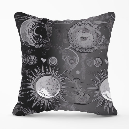 Black Grey Abstract Sun and Moon Outdoor Cushion