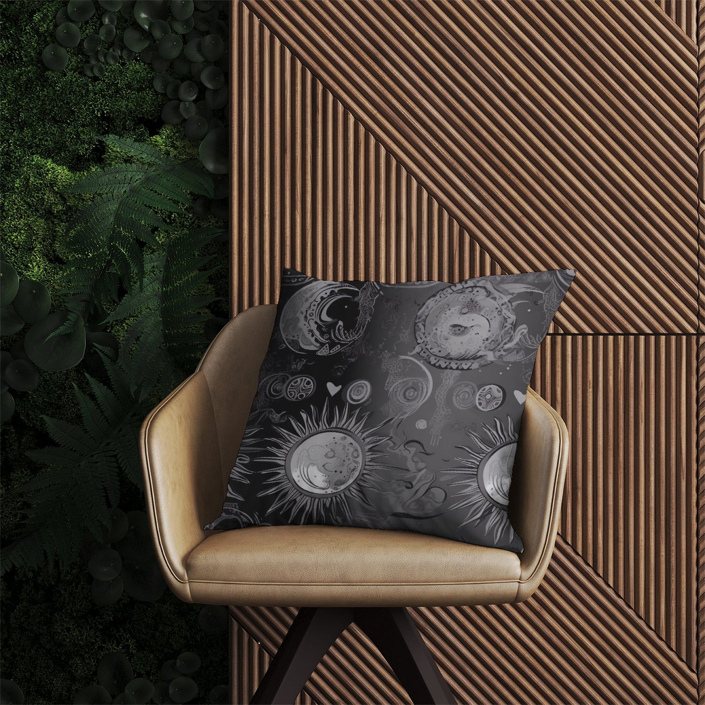 Black Grey Abstract Sun and Moon Outdoor Cushion