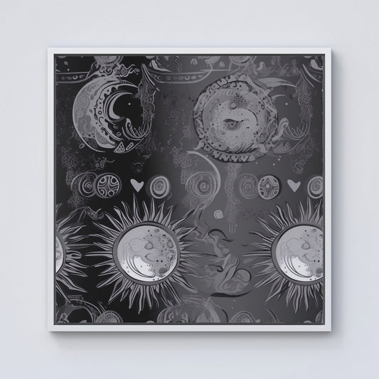 Black Grey Abstract Sun and Moon Framed Canvas