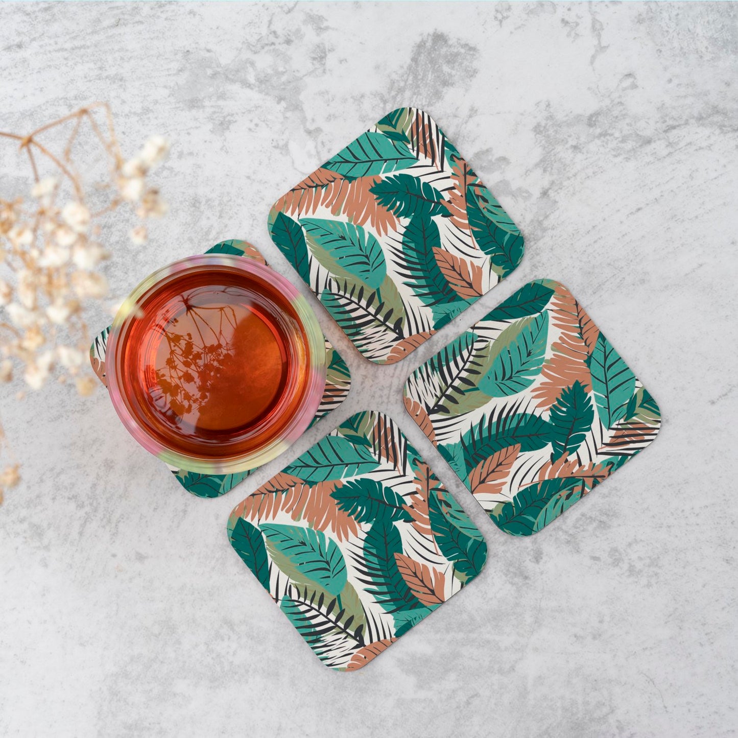 Tropical Floral Leaves Green Brown Coasters