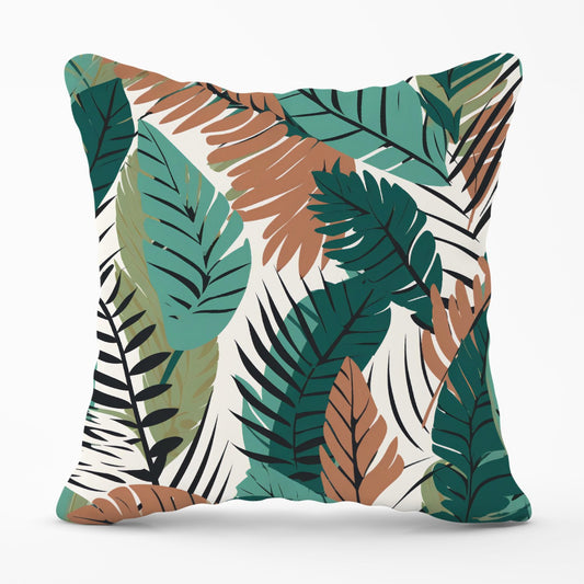 Tropical Floral Leaves Green Brown Outdoor Cushion