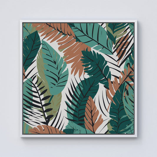 Tropical Floral Leaves Green Brown Framed Canvas