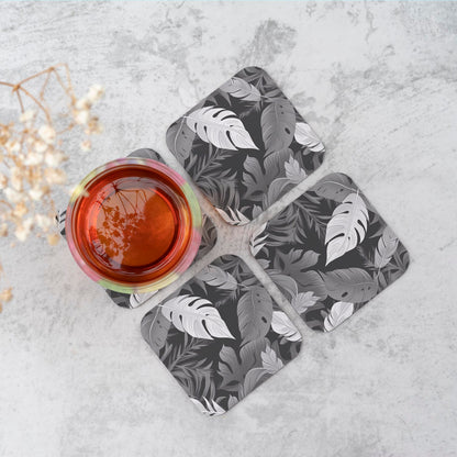 Black White Tropical Leaves Coasters