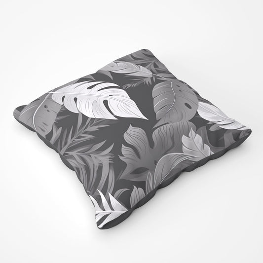 Black White Tropical Leaves Floor Cushion