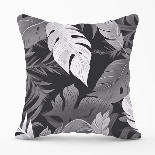 Black White Tropical Leaves Outdoor Cushion