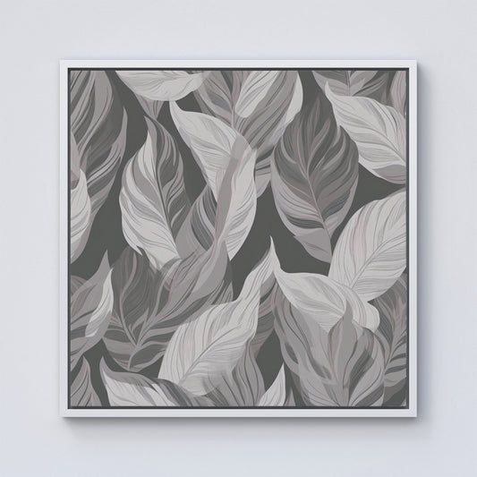 Grey Floral Leaves Framed Canvas