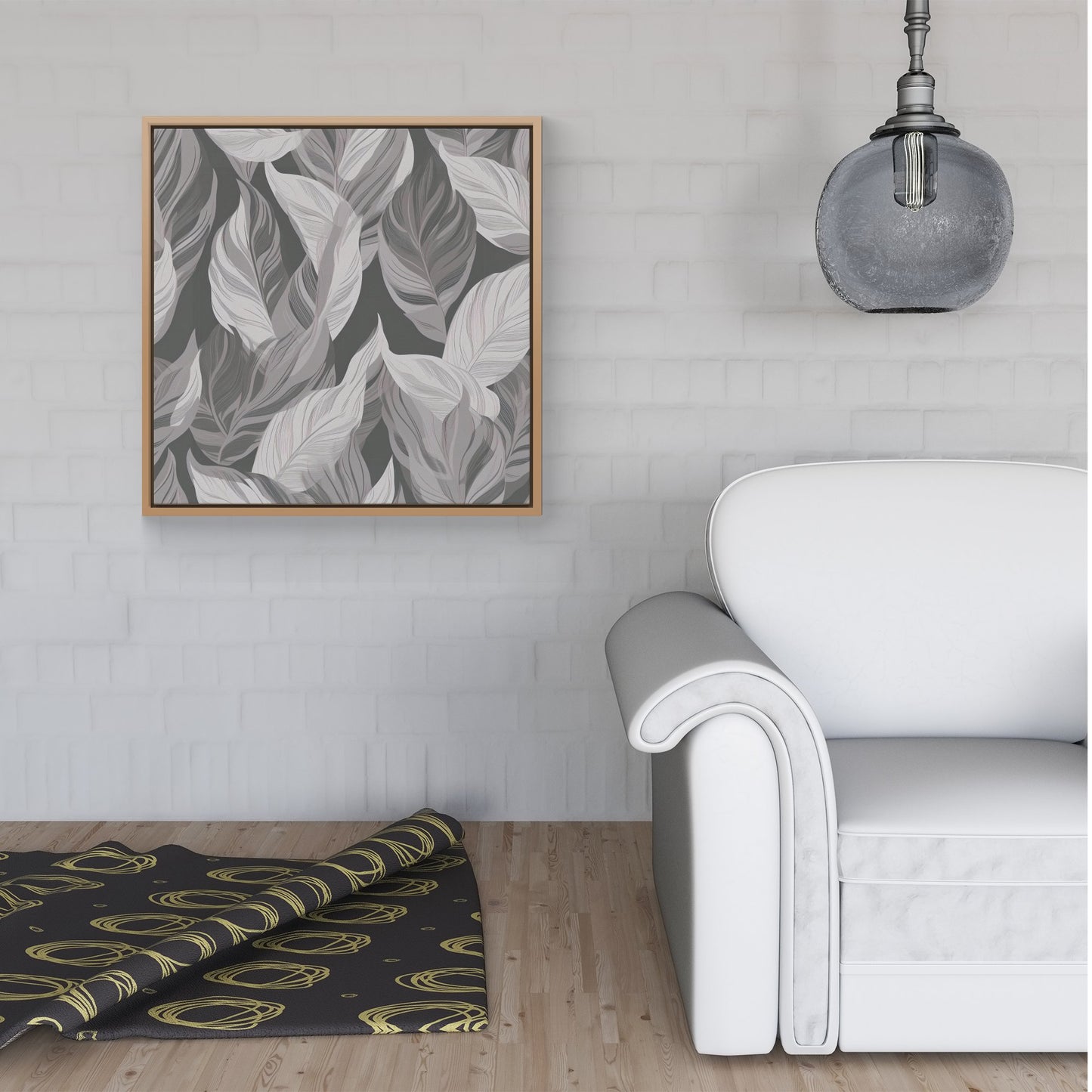 Grey Floral Leaves Framed Canvas