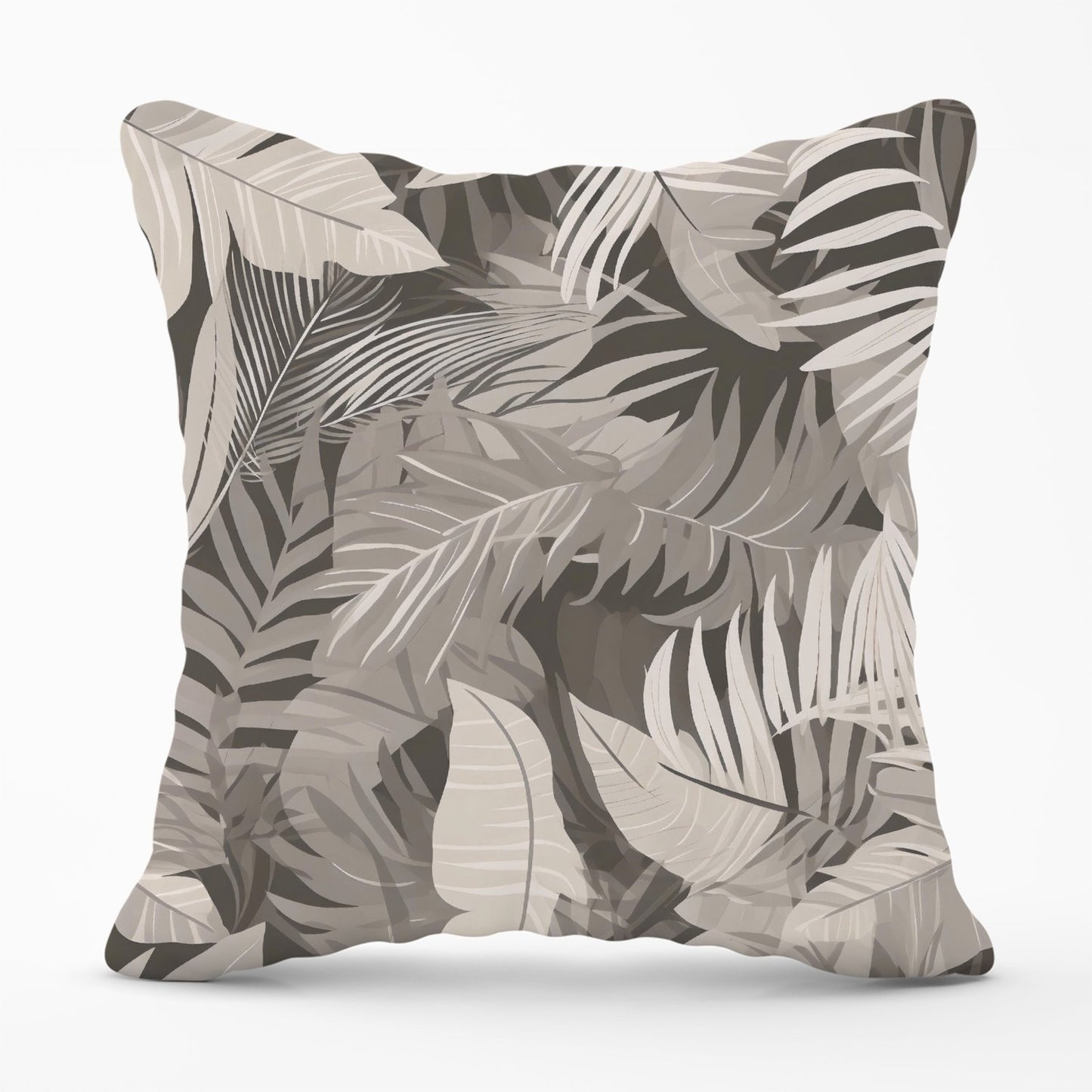 Grey Brown Tropical Leaves Outdoor Cushion