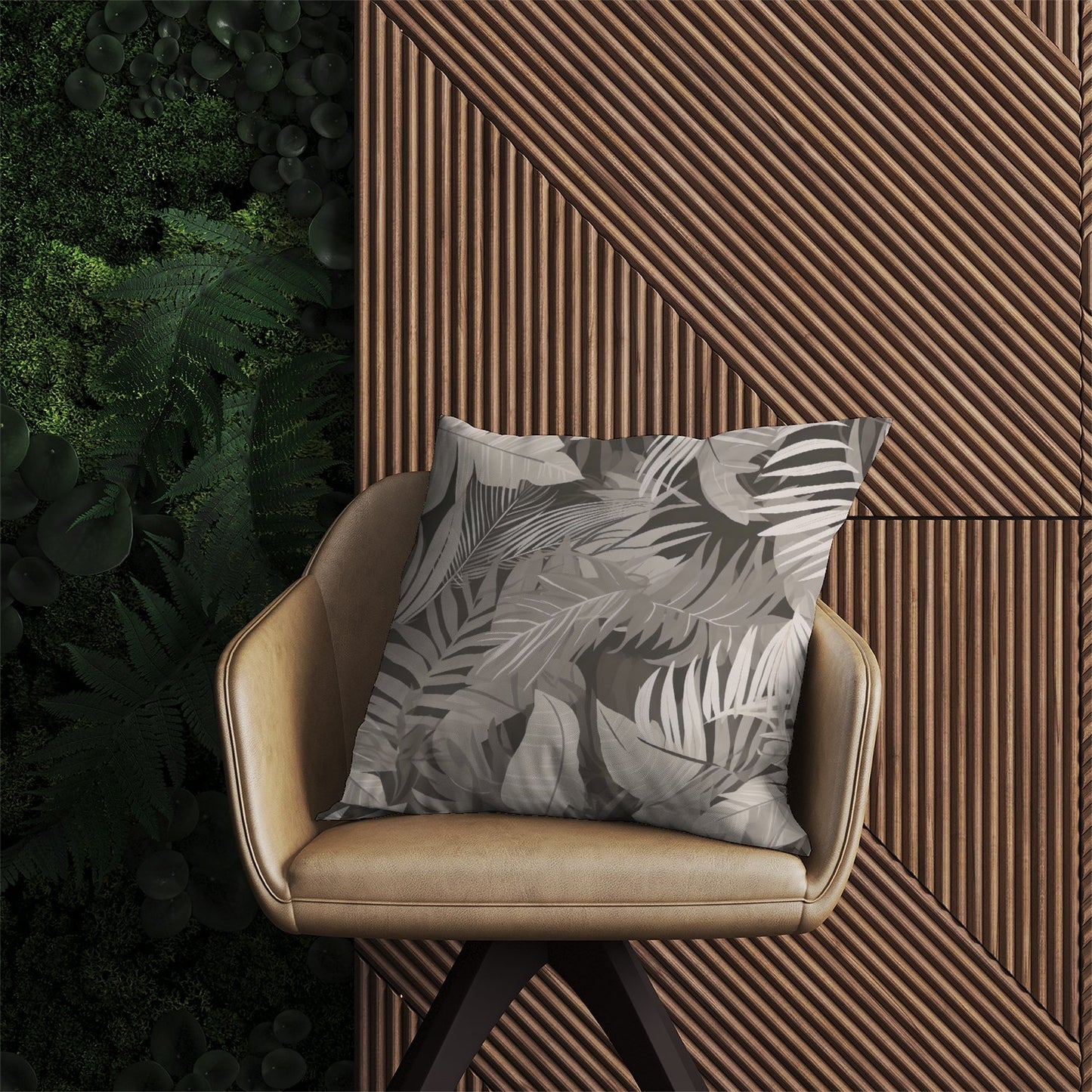 Grey Brown Tropical Leaves Outdoor Cushion