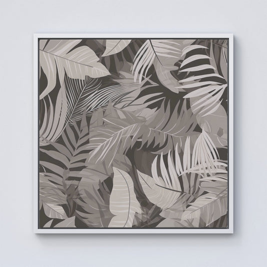 Grey Brown Tropical Leaves Framed Canvas