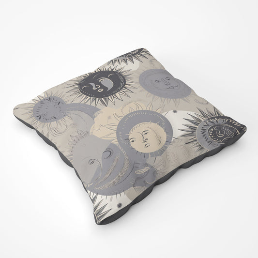 Grey Black Abstract Moon And Sun Floor Cushion