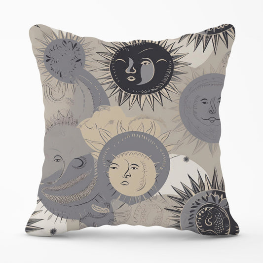 Grey Black Abstract Moon and Sun Outdoor Cushion