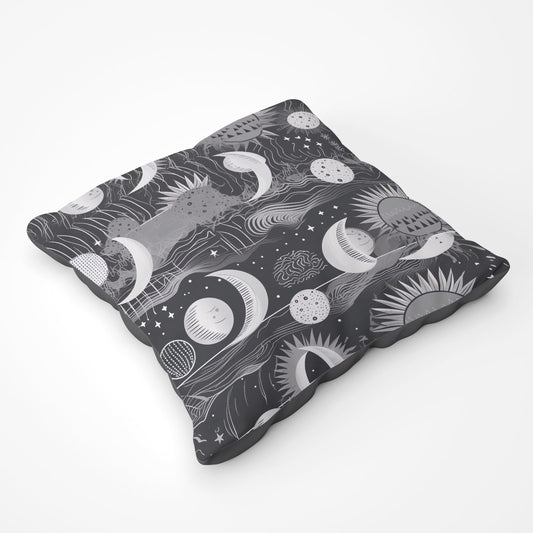 Abstract Black White Moon And Sun Floor Cushion