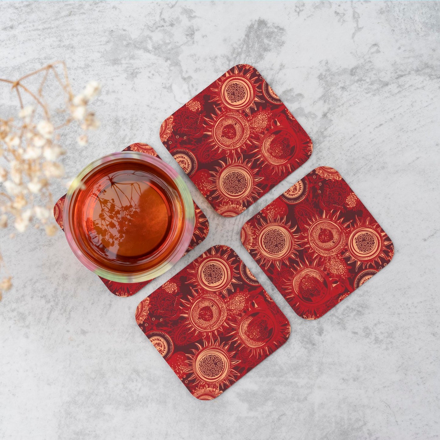 Abstract Red Moon and Sun Coasters