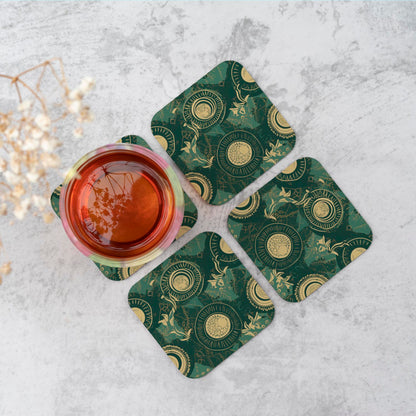 Abstract Green Gold Moon Pattern Coasters