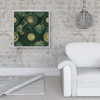 Abstract Green Gold Moon Pattern Framed Canvas