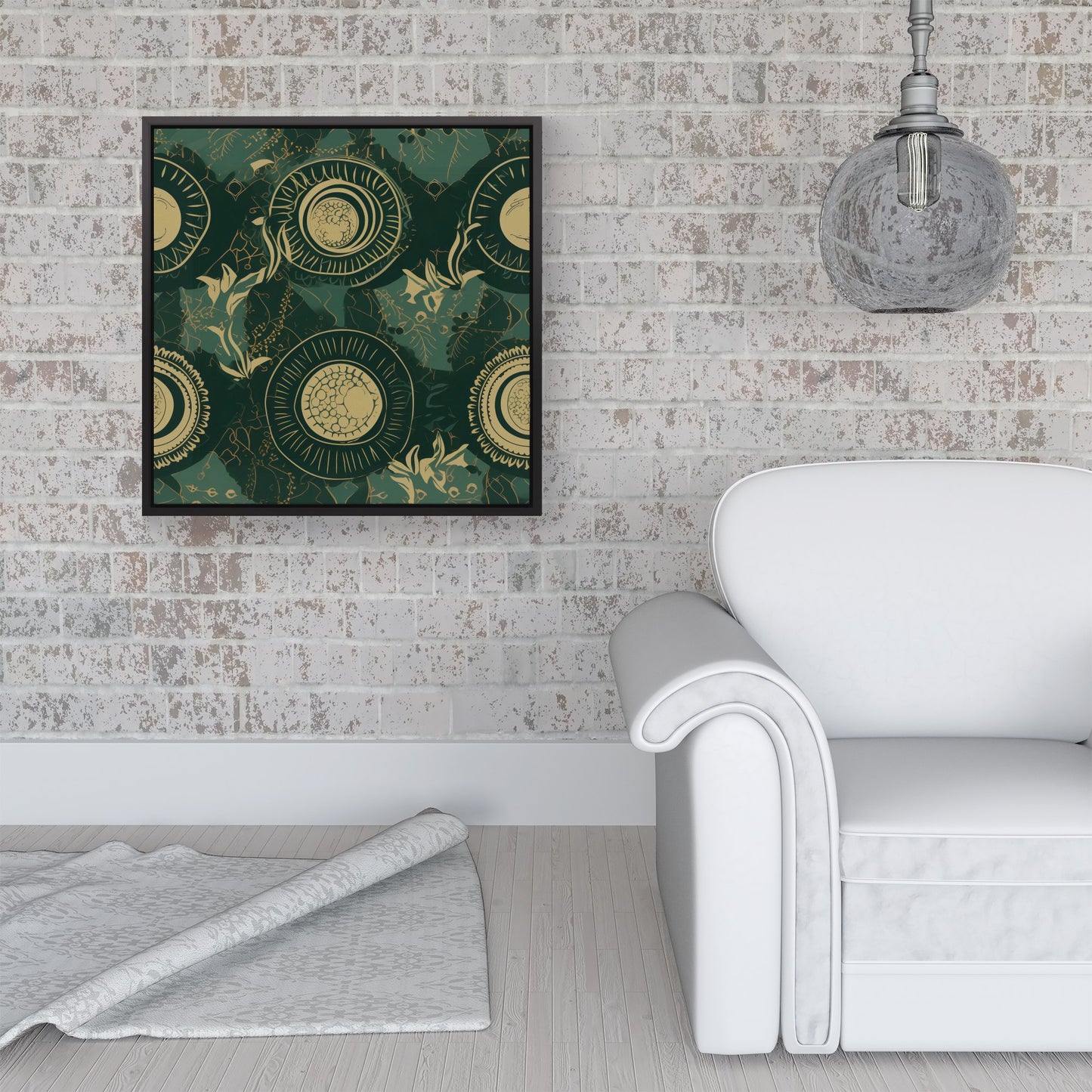 Abstract Green Gold Moon Pattern Framed Canvas