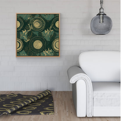 Abstract Green Gold Moon Pattern Framed Canvas