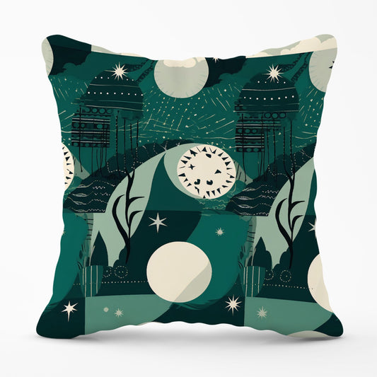 Abstact Green Cream Moon and Stars Outdoor Cushion