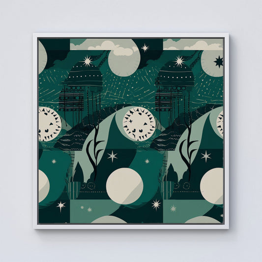 Abstact Green Cream Moon and Stars Framed Canvas