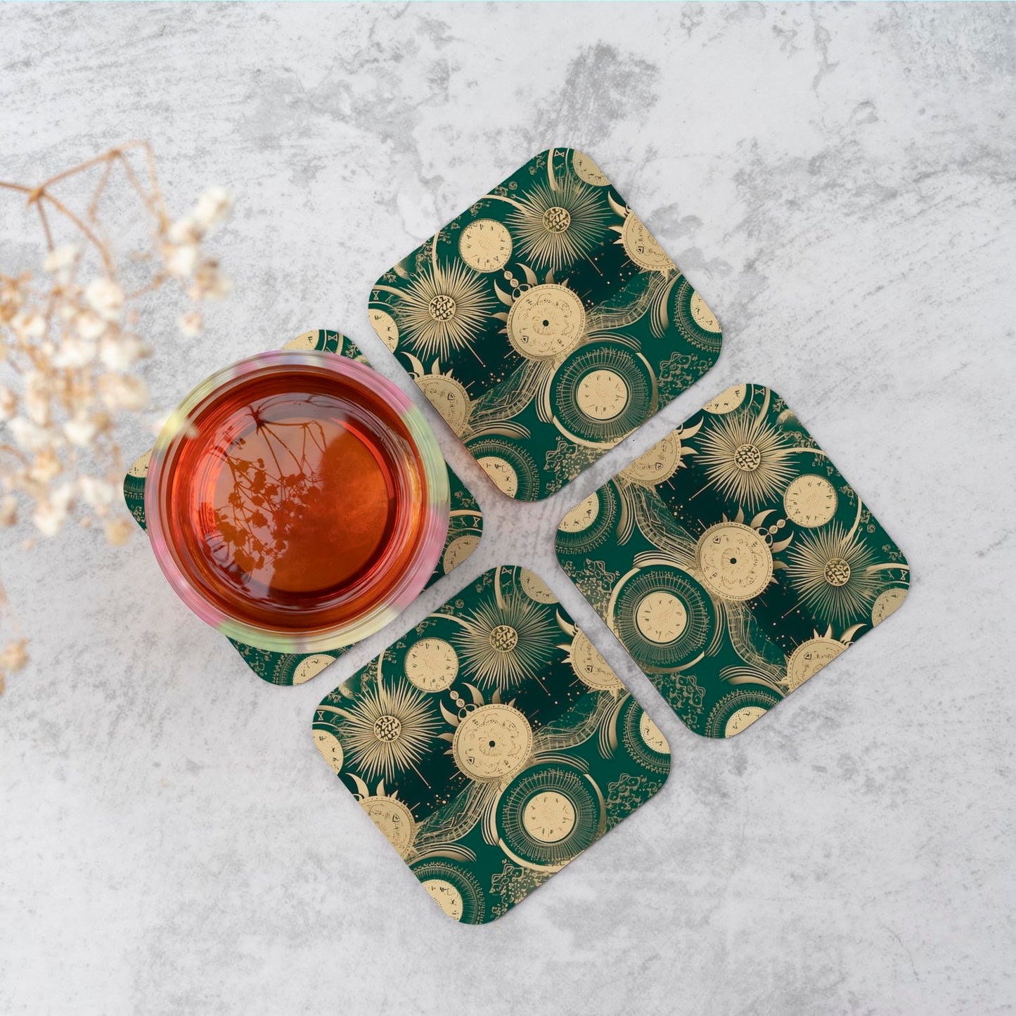 Green Moon and Sun Abstract Pattern Coasters